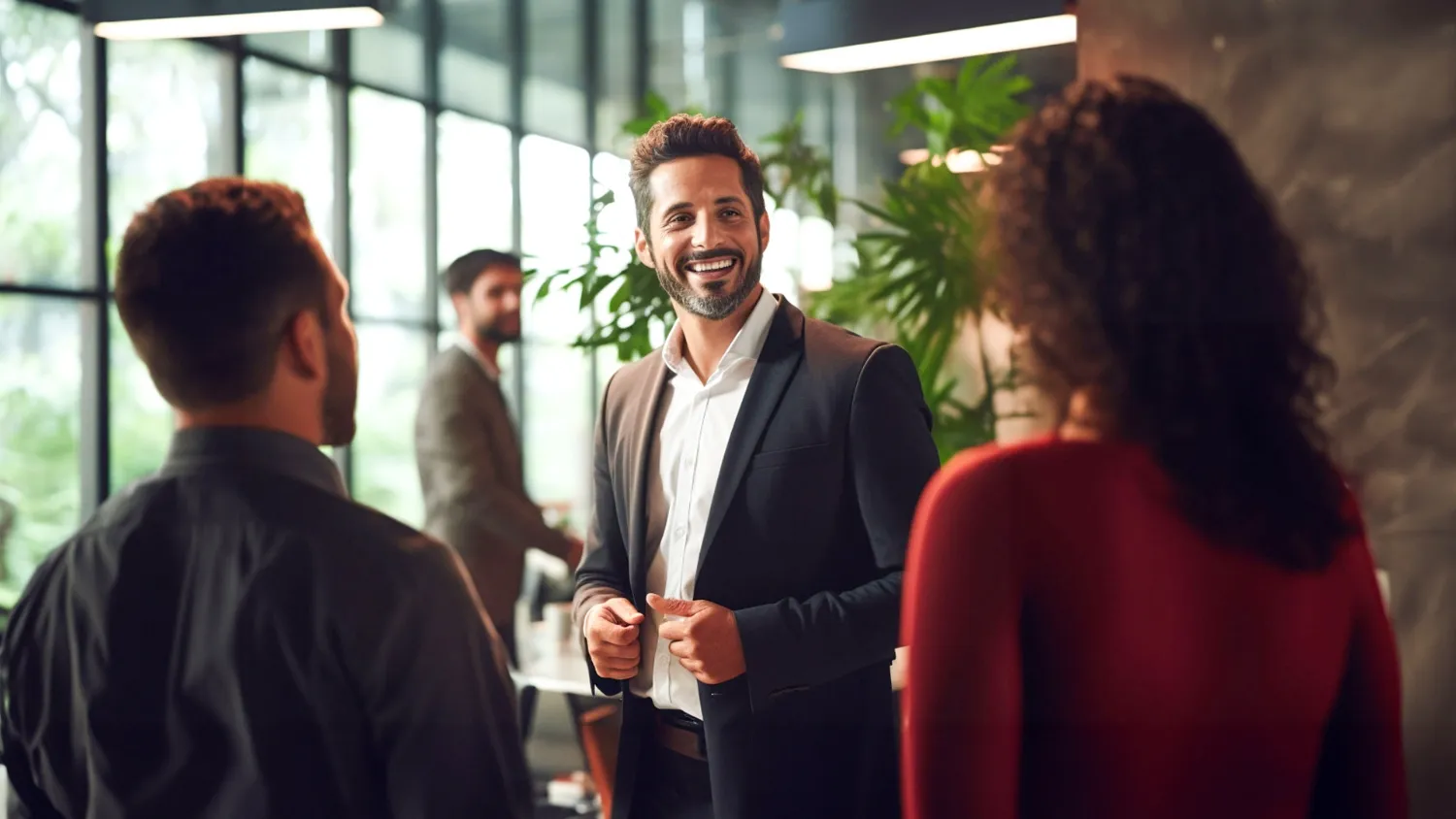 Reunión de personas en una empresa en la que un hombre en traje demuestra liderazgo positivo