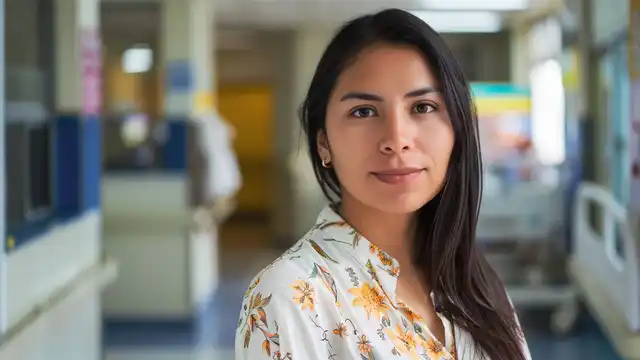 Egresada de la Especialización en Gerencia en Salud mira a la cámara con un gesto decisivo y con una sala hospitalaria al fondo