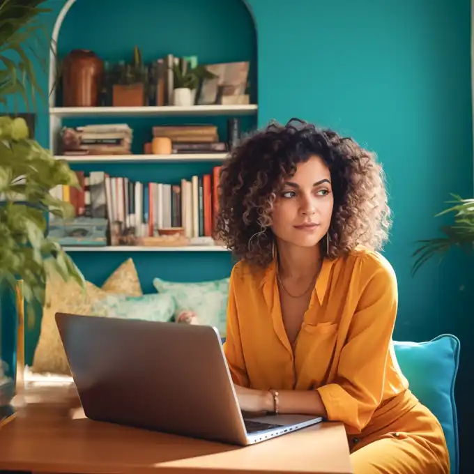 mujer estudia una de las especializaciones económicas virtuales frente a la computadora en la sala de s