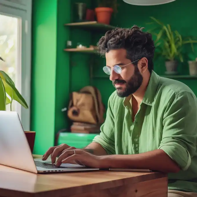 Hombre estudia una maestría online de UTB frente a la computadora en la sala de su casa 