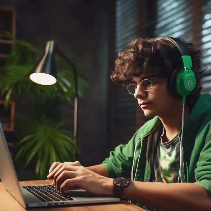 Hombre estudia un pregrado online de UTB frente a la computadora y con audífonos puestos