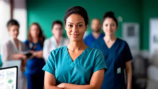 Estudiante del Diplomado Administración en Salud vistiendo una bata de enfermera de color azul turquesa esta sonriendo y mirando directamente a la cámara en un hospital