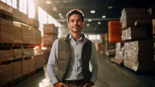Experto en comercio exterior en Colombia sonríe confiadamente mientras se encuentra en un almacén industrial.